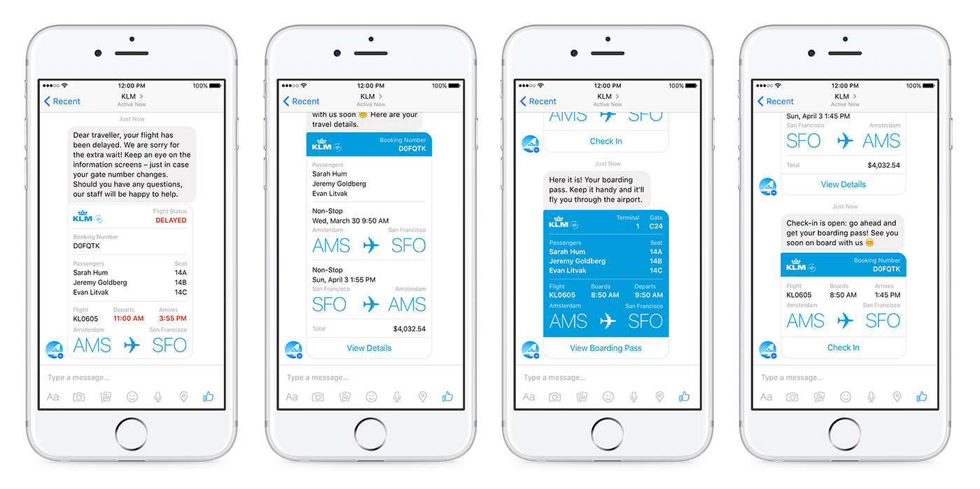 KLM Royal Dutch Airlines customers can get their info right within the Facebook Messenger app